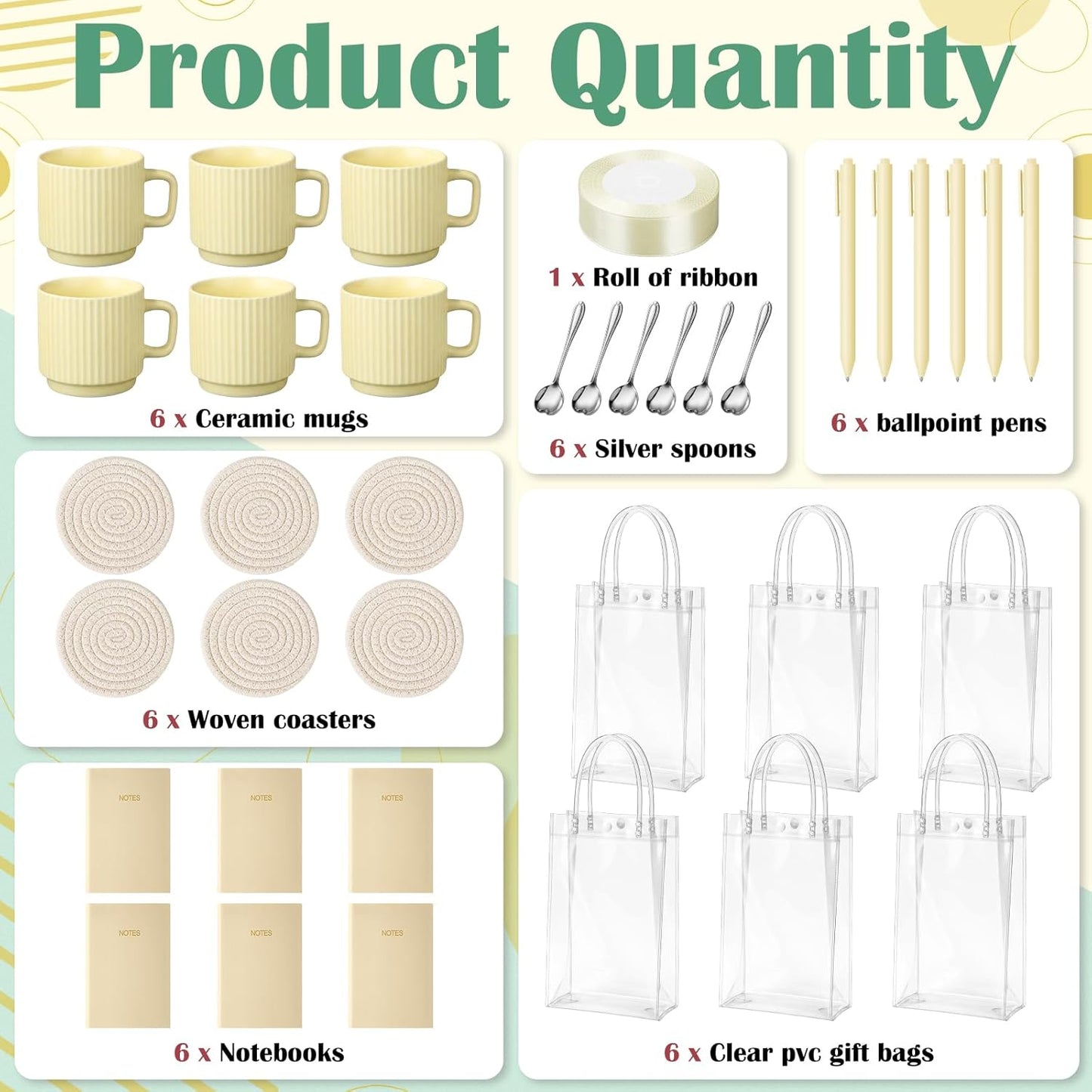 36 Pcs/6 Sets Baby Shower Prizes for Winners Include Ceramic Mugs with Spoons Woven Coasters Notebooks with Pens Clear PVC Gift Bags for Bridal Shower Party Favors (Yellow)