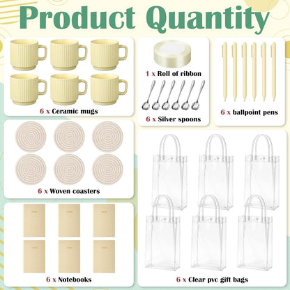 36 Pcs/6 Sets Baby Shower Prizes for Winners Include Ceramic Mugs with Spoons Woven Coasters Notebooks with Pens Clear PVC Gift Bags for Bridal Shower Party Favors (Yellow)