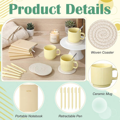 36 Pcs/6 Sets Baby Shower Prizes for Winners Include Ceramic Mugs with Spoons Woven Coasters Notebooks with Pens Clear PVC Gift Bags for Bridal Shower Party Favors (Yellow)