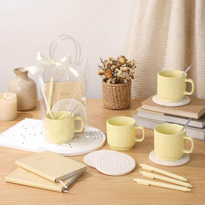 36 Pcs/6 Sets Baby Shower Prizes for Winners Include Ceramic Mugs with Spoons Woven Coasters Notebooks with Pens Clear PVC Gift Bags for Bridal Shower Party Favors (Yellow)