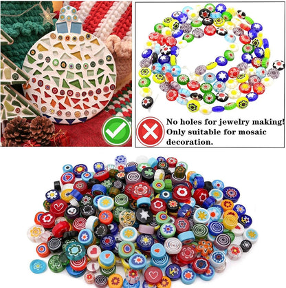 Millefiori Mosaic Tiles for Crafts, Mosaic Glass Pieces,No-Hole Millefiori Glass Beads, Mosaic Kits for DIY Holiday Ornaments