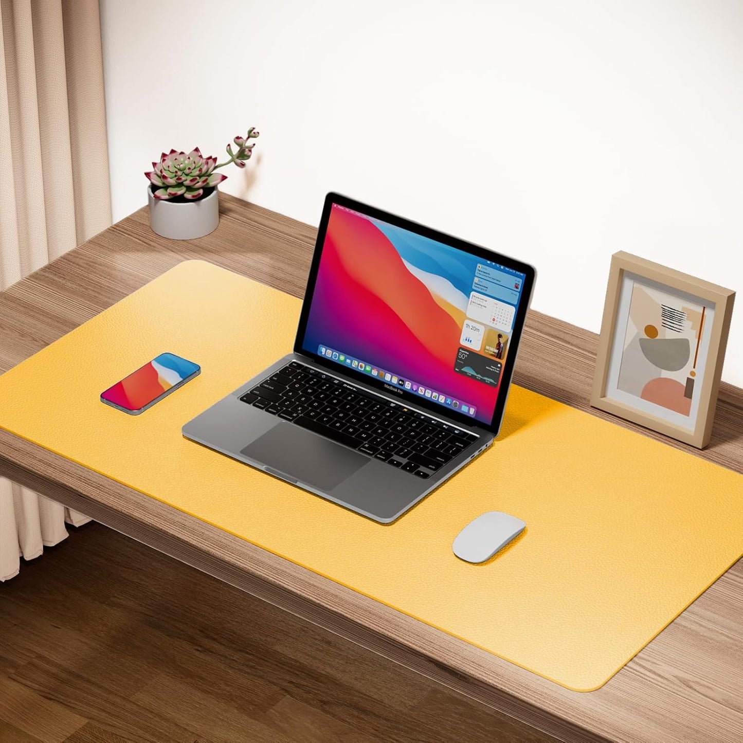 Leather Desk Pad Protector,Non-Slip Mouse Pad,Laptop Desk Pad,Office Mouse Mat,Waterproof Leather Desk Blotter,Desk Writing Pad for Office and Home (S-Yellow,24"x 14")