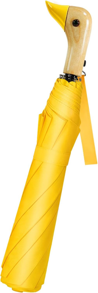 Cute Duck Umbrella for Kids - Auto Open Manual Close, Wooden Handle | Duck Head Handle Design, One-Touch Open & Easy Manual Close, Wrist Strap. 42 Inch Compact 2-Fold, Fun Gift for Kids & Adults.