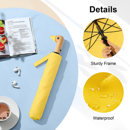 Cute Duck Umbrella for Kids - Auto Open Manual Close, Wooden Handle | Duck Head Handle Design, One-Touch Open & Easy Manual Close, Wrist Strap. 42 Inch Compact 2-Fold, Fun Gift for Kids & Adults.