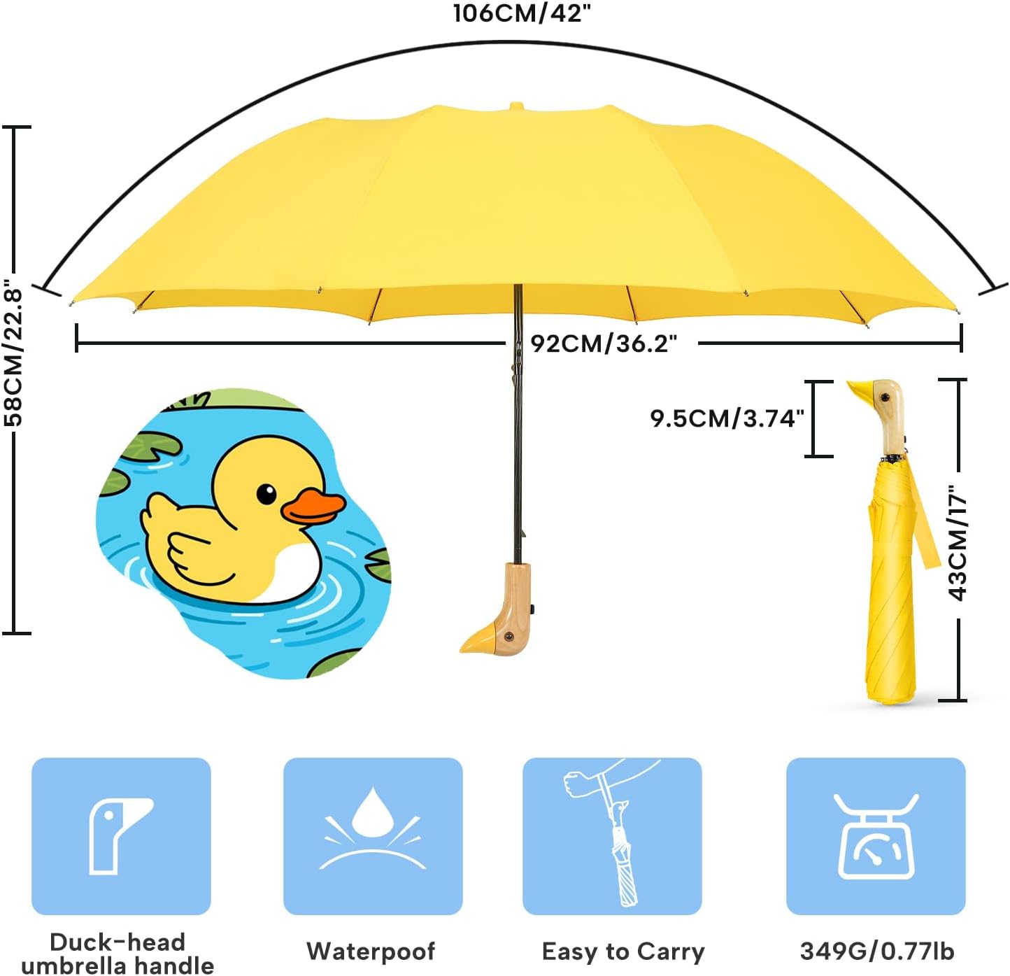 Cute Duck Umbrella for Kids - Auto Open Manual Close, Wooden Handle | Duck Head Handle Design, One-Touch Open & Easy Manual Close, Wrist Strap. 42 Inch Compact 2-Fold, Fun Gift for Kids & Adults.