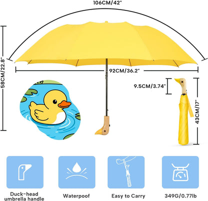 Cute Duck Umbrella for Kids - Auto Open Manual Close, Wooden Handle | Duck Head Handle Design, One-Touch Open & Easy Manual Close, Wrist Strap. 42 Inch Compact 2-Fold, Fun Gift for Kids & Adults.