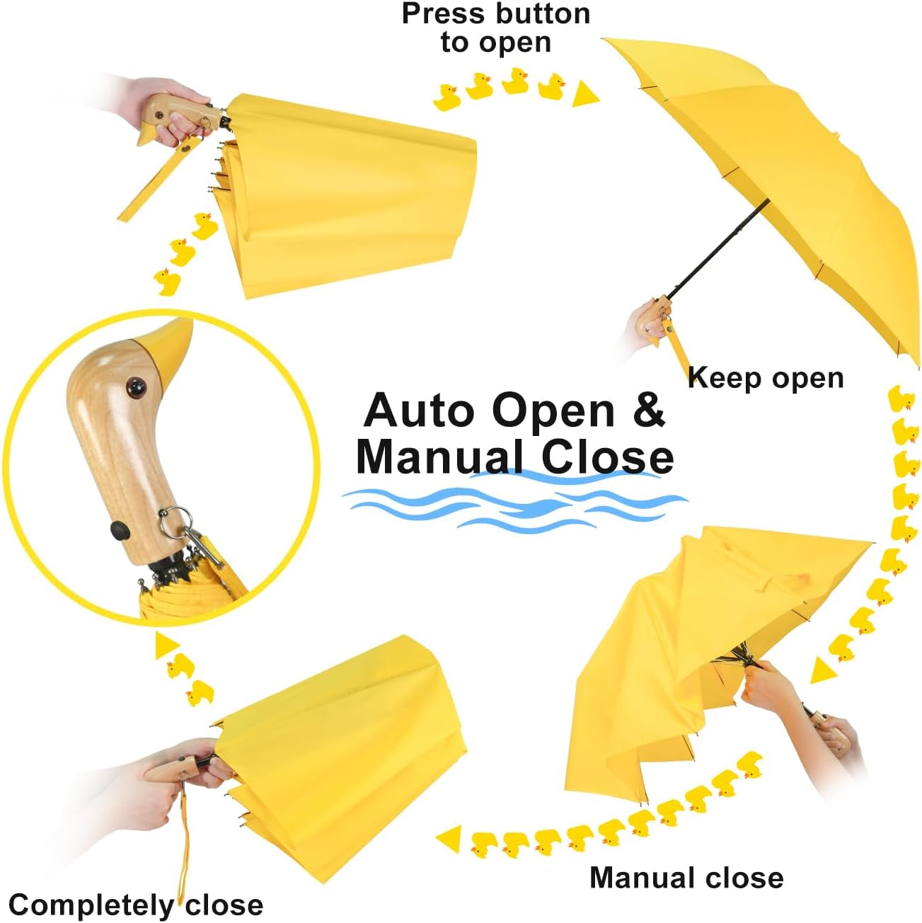 Cute Duck Umbrella for Kids - Auto Open Manual Close, Wooden Handle | Duck Head Handle Design, One-Touch Open & Easy Manual Close, Wrist Strap. 42 Inch Compact 2-Fold, Fun Gift for Kids & Adults.