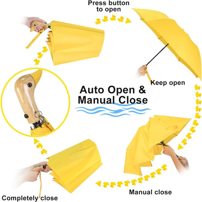 Cute Duck Umbrella for Kids - Auto Open Manual Close, Wooden Handle | Duck Head Handle Design, One-Touch Open & Easy Manual Close, Wrist Strap. 42 Inch Compact 2-Fold, Fun Gift for Kids & Adults.