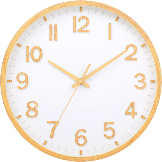 Wall Clocks Battery Operated 8 inch Modern Wall Clock,Silent Non Ticking Wall Clock for Living Room Bedroom Kitchen Office Classroom Decor (Wood Grain Yellow White)