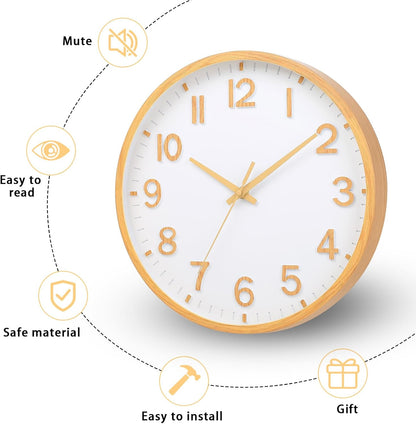 Wall Clocks Battery Operated 8 inch Modern Wall Clock,Silent Non Ticking Wall Clock for Living Room Bedroom Kitchen Office Classroom Decor (Wood Grain Yellow White)