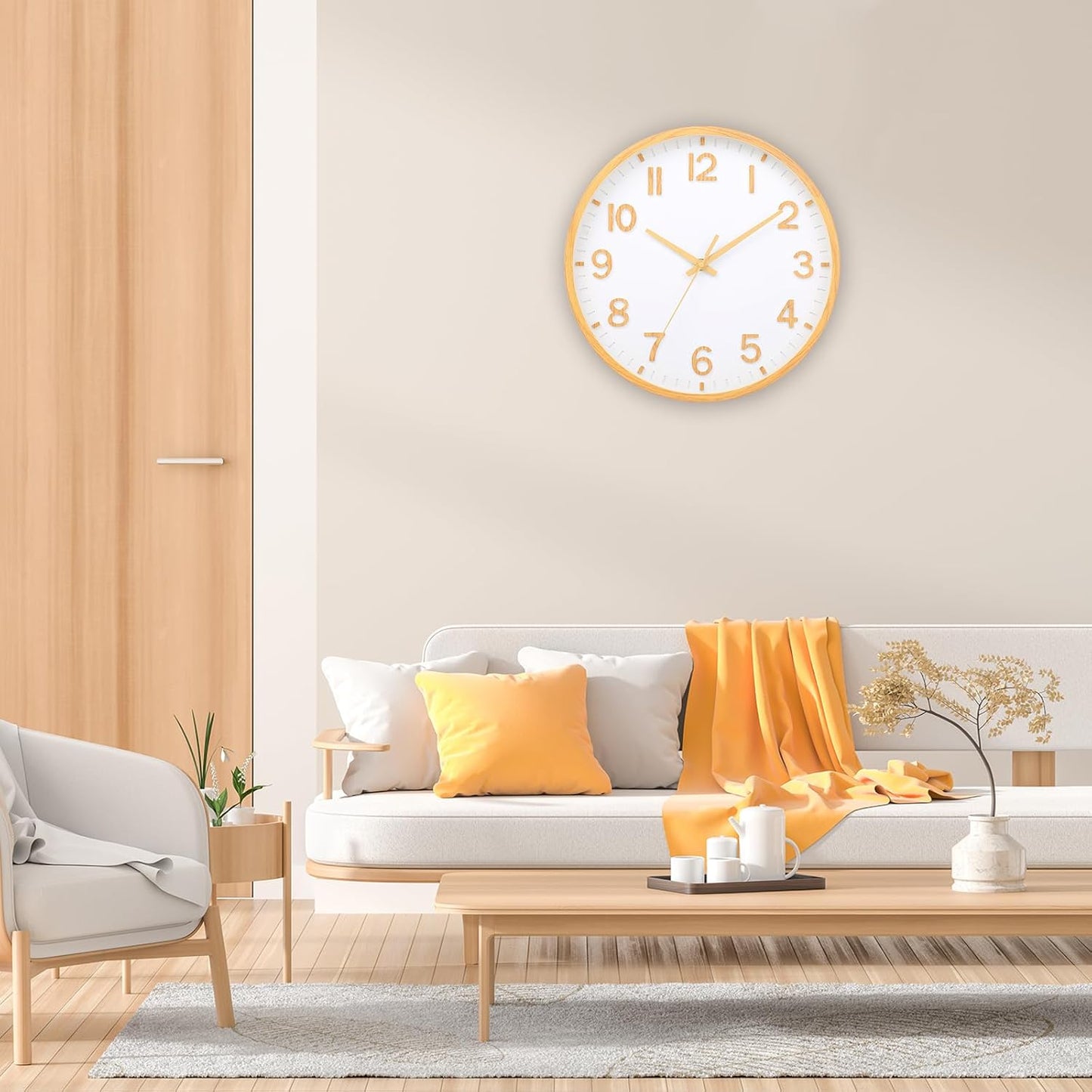 Wall Clocks Battery Operated 8 inch Modern Wall Clock,Silent Non Ticking Wall Clock for Living Room Bedroom Kitchen Office Classroom Decor (Wood Grain Yellow White)