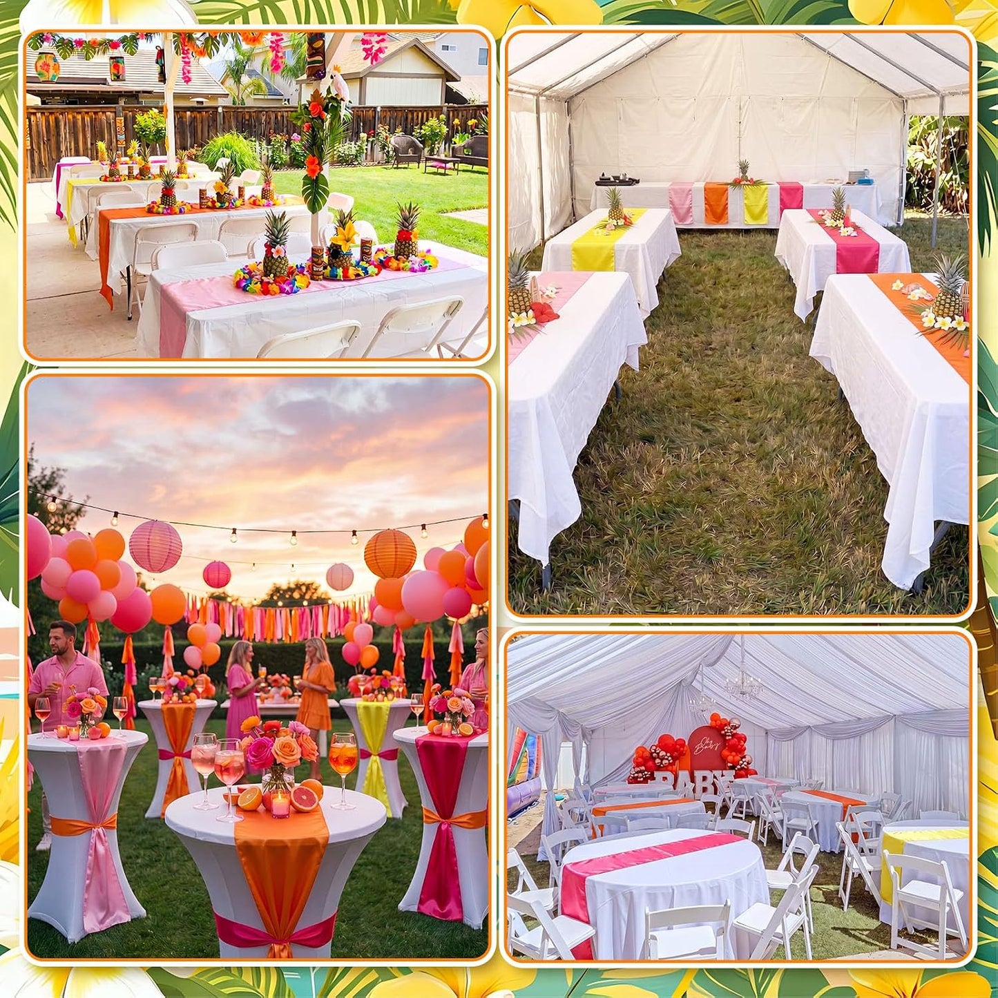 12 Pcs Pink Orange and Yellow Satin Table Runner Sunset Lemon Tropical Party Decorations 108" Long Table Summer Cocktail Supply for Wedding Bachelorette Graduation Bridal Shower Boho Decor