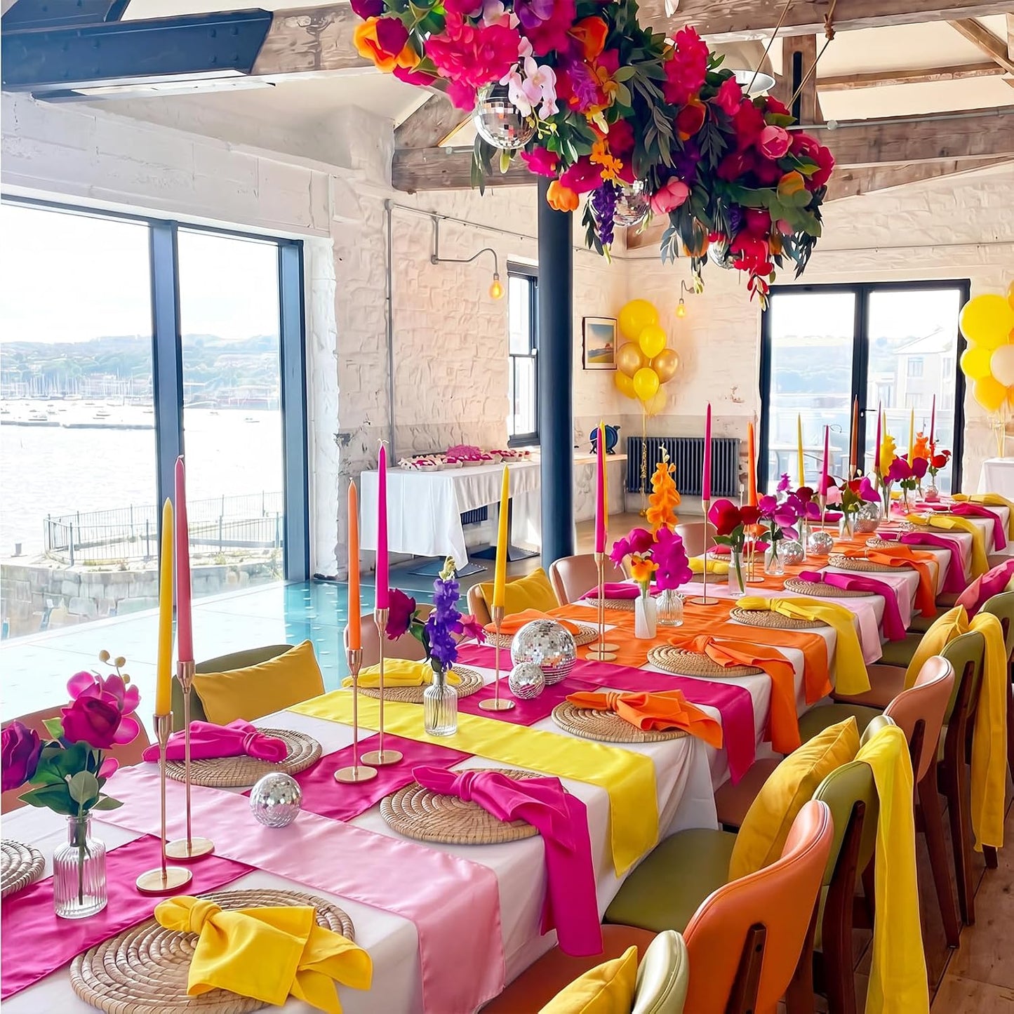 12 Pcs Pink Orange and Yellow Satin Table Runner Sunset Lemon Tropical Party Decorations 108" Long Table Summer Cocktail Supply for Wedding Bachelorette Graduation Bridal Shower Boho Decor