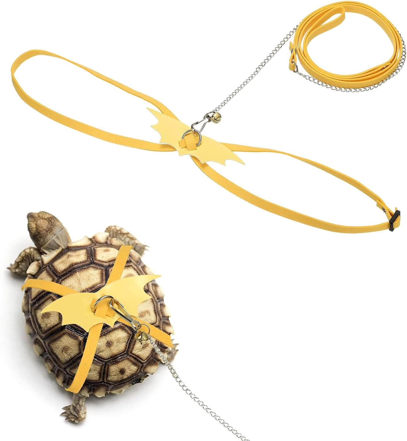 Tortoise Leash Harness, Adjustable Turtle Harness Chest Collar Pet Tortoise Walking Rope with Bell Wings, (Leather, Large, Yellow), for Bearded Hamster Small Pets Outdoor