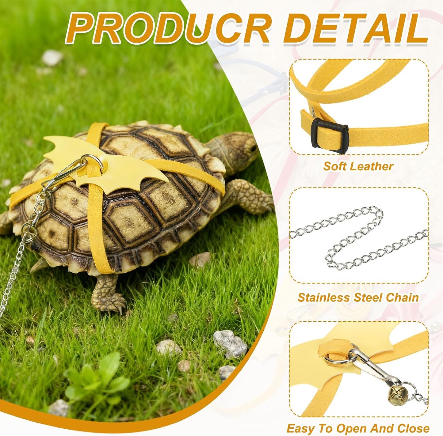 Tortoise Leash Harness, Adjustable Turtle Harness Chest Collar Pet Tortoise Walking Rope with Bell Wings, (Leather, Large, Yellow), for Bearded Hamster Small Pets Outdoor
