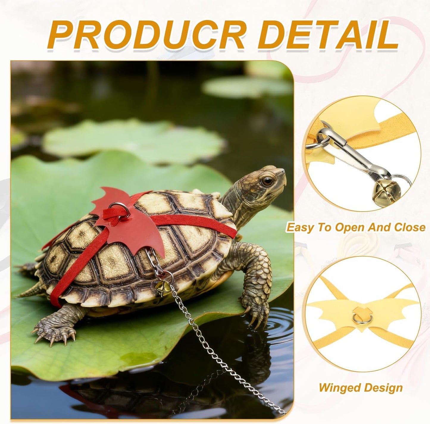 Tortoise Leash Harness, Adjustable Turtle Harness Chest Collar Pet Tortoise Walking Rope with Bell Wings, (Leather, Large, Yellow), for Bearded Hamster Small Pets Outdoor