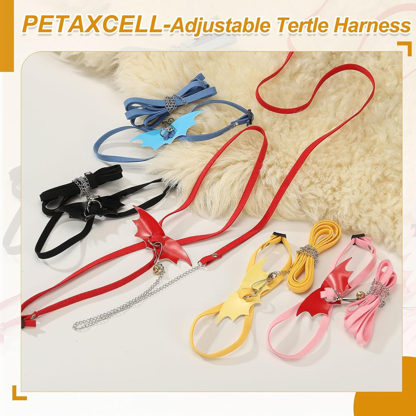 Tortoise Leash Harness, Adjustable Turtle Harness Chest Collar Pet Tortoise Walking Rope with Bell Wings, (Leather, Large, Yellow), for Bearded Hamster Small Pets Outdoor