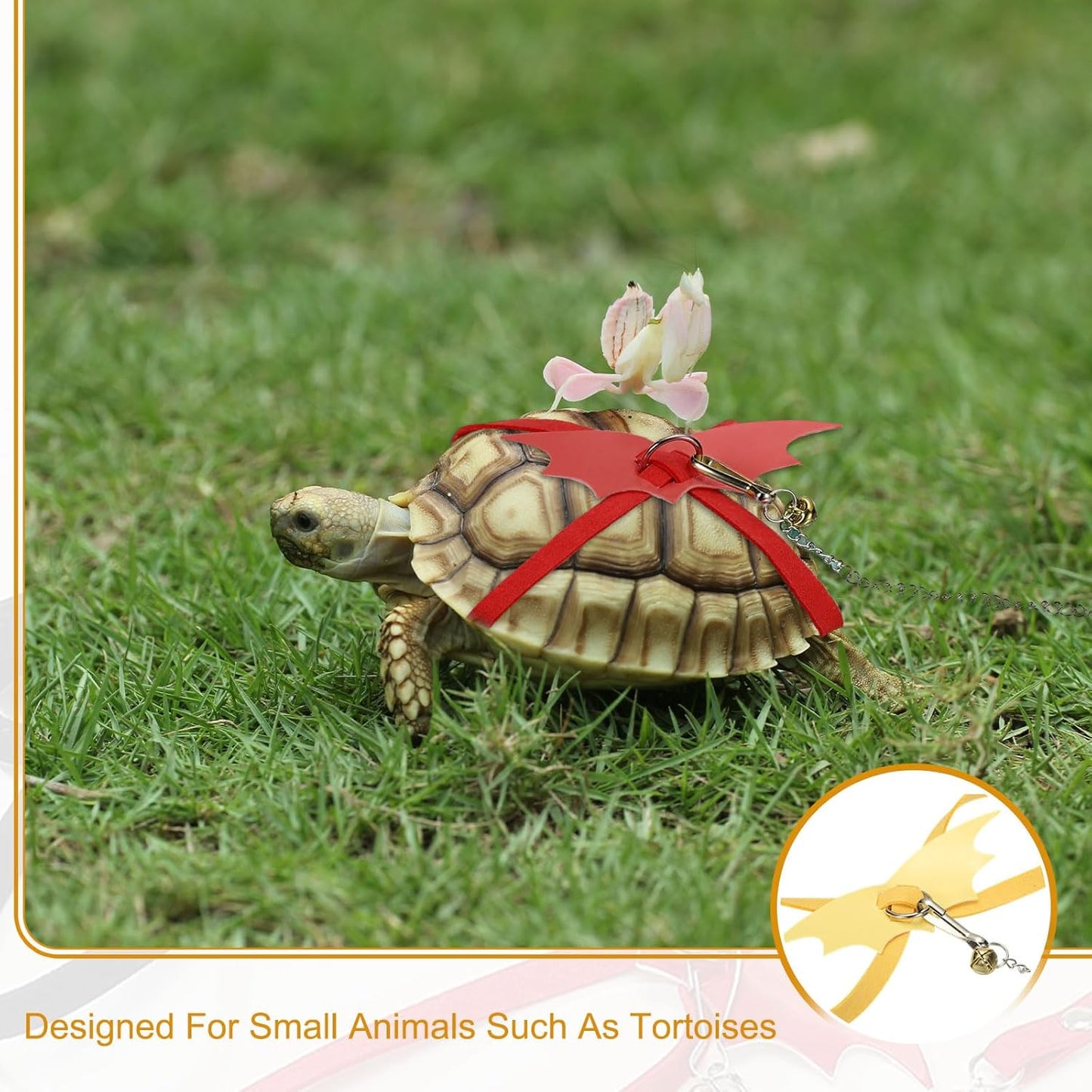 Tortoise Leash Harness, Adjustable Turtle Harness Chest Collar Pet Tortoise Walking Rope with Bell Wings, (Leather, Large, Yellow), for Bearded Hamster Small Pets Outdoor