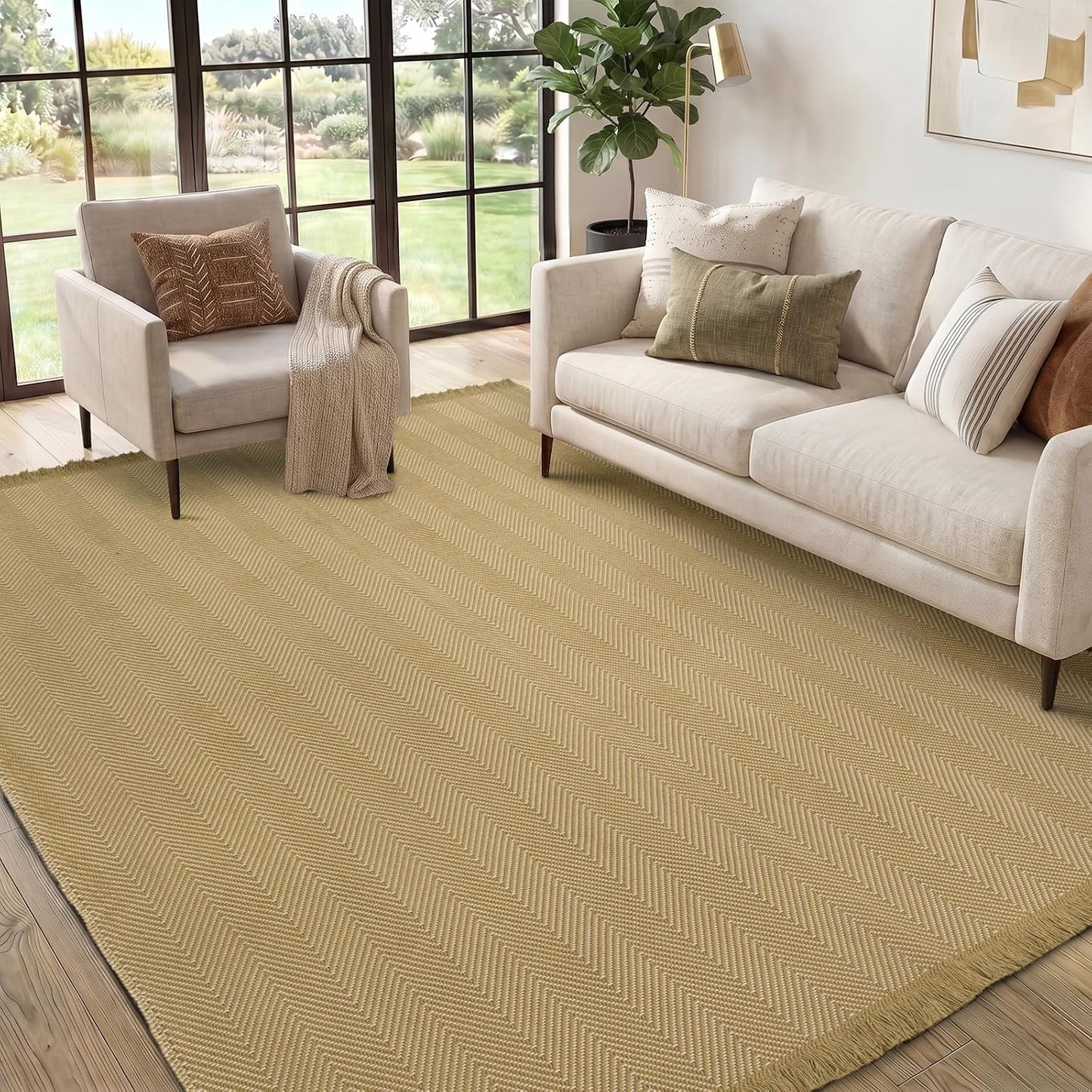 Area Rug 5x7 Washable Hand-Woven Soft Modern Farmhouse Boho Neutral Decor Carpet with Tassels Non-Slip Braided Rugs for Living Room Bedroom Office Dining Room, Natural Yellow Beige