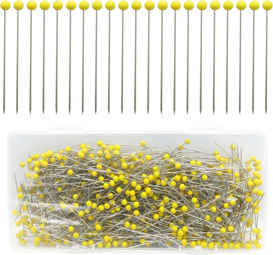500 PCS 1.73 Inch Sewing Pins, Yellow Glass Ball Heads | Stainless Steel, Straight Quilting Pins, For Fabric, Crafts & DIY, Includes Storage Box
