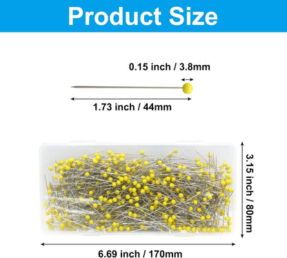 500 PCS 1.73 Inch Sewing Pins, Yellow Glass Ball Heads | Stainless Steel, Straight Quilting Pins, For Fabric, Crafts & DIY, Includes Storage Box