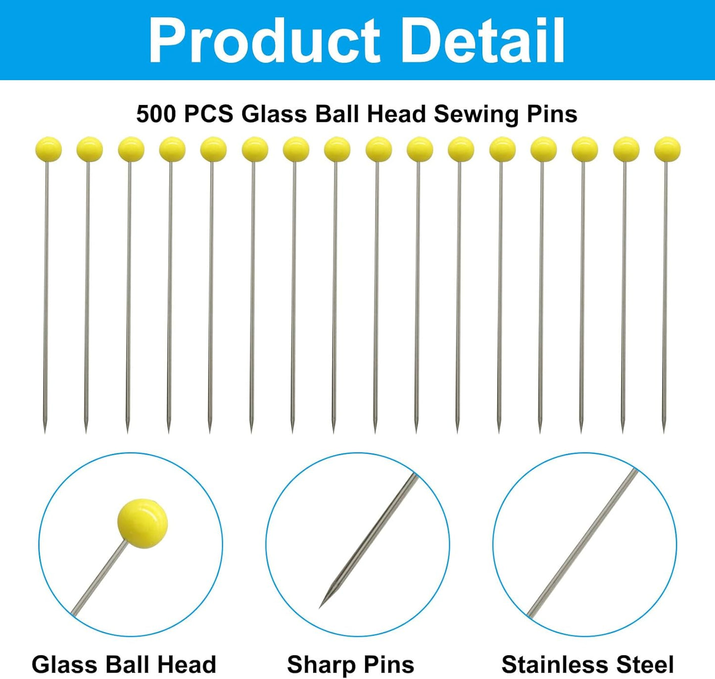 500 PCS 1.73 Inch Sewing Pins, Yellow Glass Ball Heads | Stainless Steel, Straight Quilting Pins, For Fabric, Crafts & DIY, Includes Storage Box