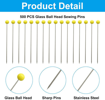 500 PCS 1.73 Inch Sewing Pins, Yellow Glass Ball Heads | Stainless Steel, Straight Quilting Pins, For Fabric, Crafts & DIY, Includes Storage Box