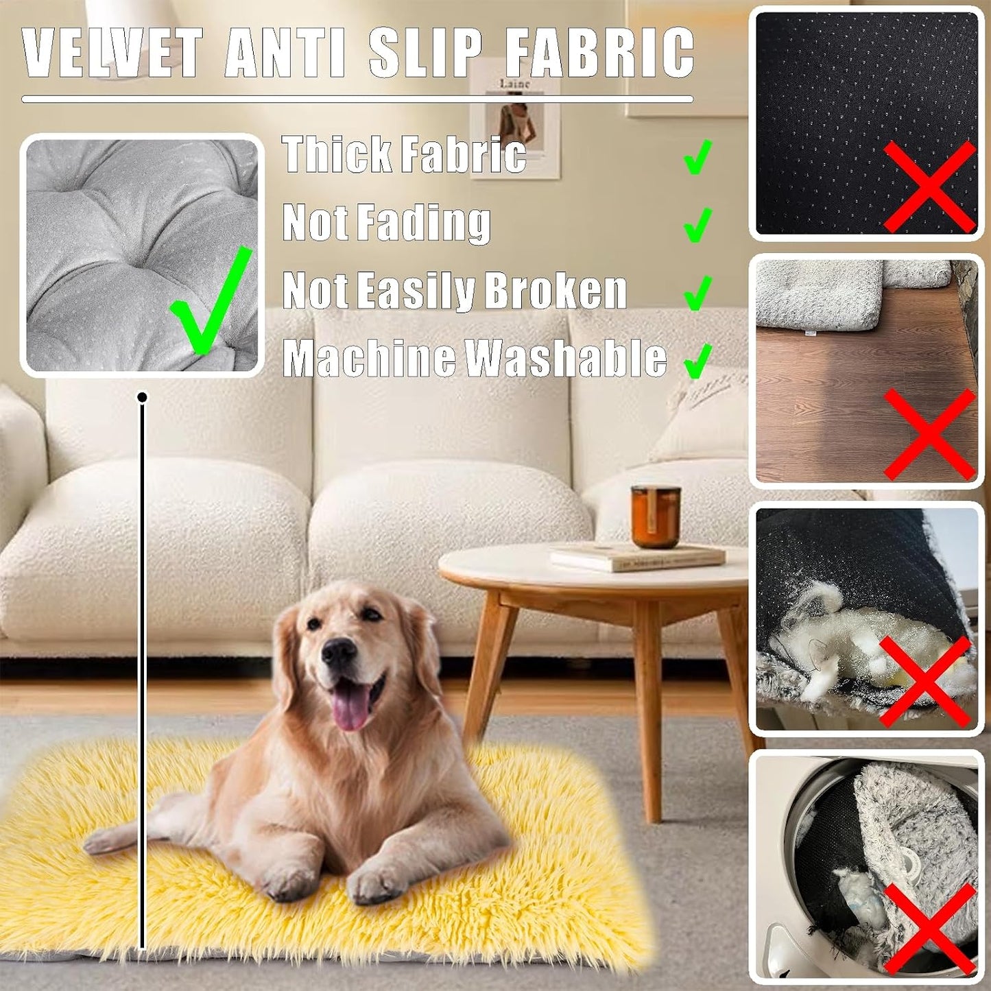 Machine Washable Dog Bed, Deluxe Plush Dog Crate Pad and Cat Bed, Anti-Slip Bottom Kennel Pad Mat, Fuzzy Pet Beds for Large, Medium, Small Dogs Breeds (Light Yellow, 24.0"L x 18.0"W x 3.0"Th x 2 PACK)