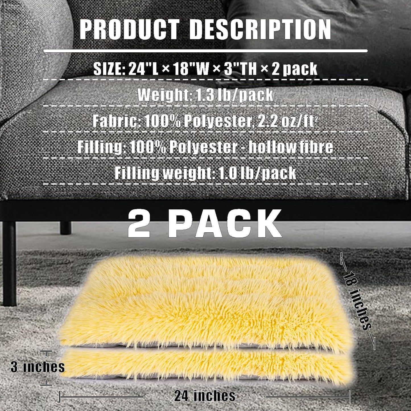Machine Washable Dog Bed, Deluxe Plush Dog Crate Pad and Cat Bed, Anti-Slip Bottom Kennel Pad Mat, Fuzzy Pet Beds for Large, Medium, Small Dogs Breeds (Light Yellow, 24.0"L x 18.0"W x 3.0"Th x 2 PACK)