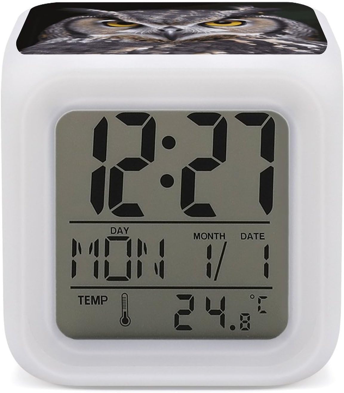 Cube Alarm Clock Creative 7 Colour LED Digital Clock with Temperature | Yellow Eyed Owl Bedside Electronic Clock Battery Operated Mute Luminous Alarm Clock Adjustable Light