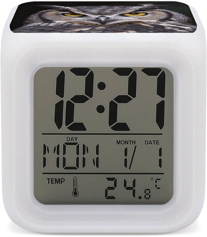 Cube Alarm Clock Creative 7 Colour LED Digital Clock with Temperature | Yellow Eyed Owl Bedside Electronic Clock Battery Operated Mute Luminous Alarm Clock Adjustable Light