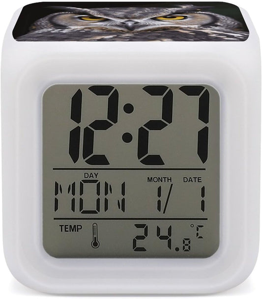 Cube Alarm Clock Creative 7 Colour LED Digital Clock with Temperature | Yellow Eyed Owl Bedside Electronic Clock Battery Operated Mute Luminous Alarm Clock Adjustable Light