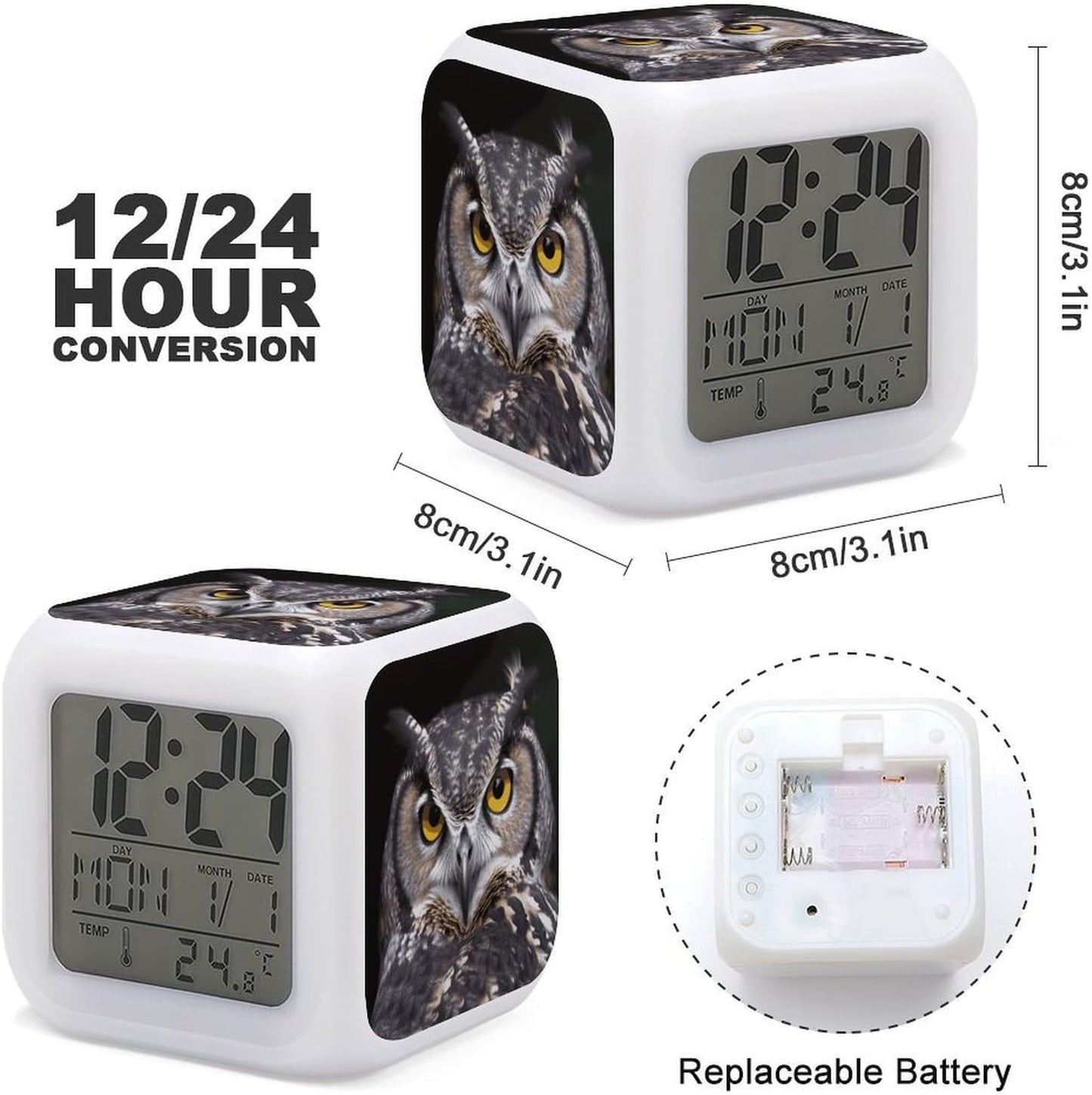 Cube Alarm Clock Creative 7 Colour LED Digital Clock with Temperature | Yellow Eyed Owl Bedside Electronic Clock Battery Operated Mute Luminous Alarm Clock Adjustable Light