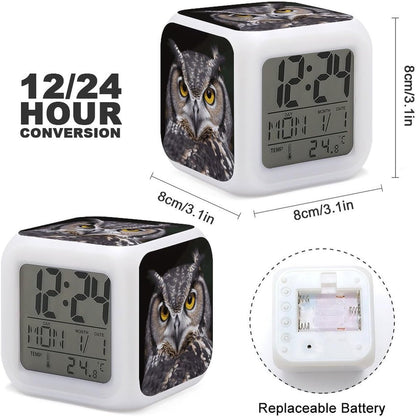 Cube Alarm Clock Creative 7 Colour LED Digital Clock with Temperature | Yellow Eyed Owl Bedside Electronic Clock Battery Operated Mute Luminous Alarm Clock Adjustable Light