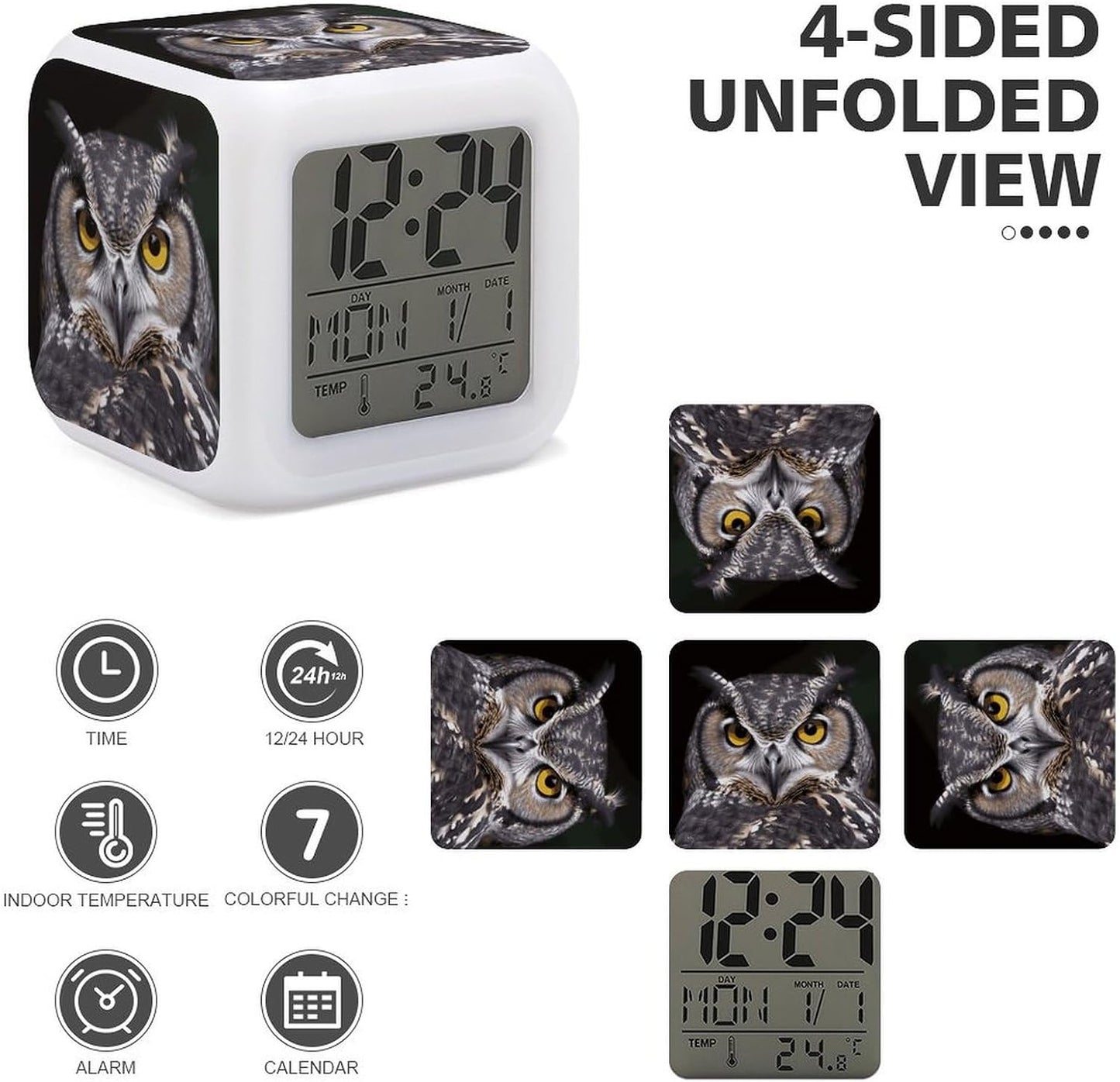 Cube Alarm Clock Creative 7 Colour LED Digital Clock with Temperature | Yellow Eyed Owl Bedside Electronic Clock Battery Operated Mute Luminous Alarm Clock Adjustable Light