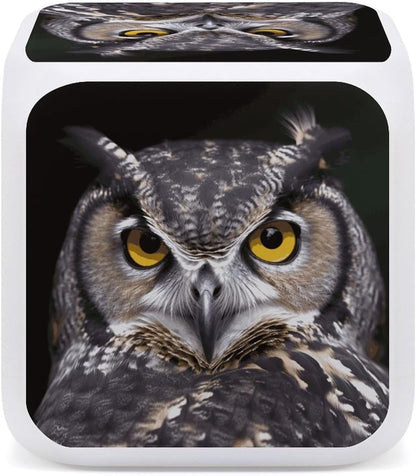 Cube Alarm Clock Creative 7 Colour LED Digital Clock with Temperature | Yellow Eyed Owl Bedside Electronic Clock Battery Operated Mute Luminous Alarm Clock Adjustable Light