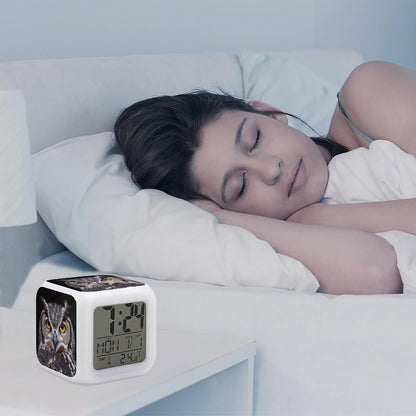 Cube Alarm Clock Creative 7 Colour LED Digital Clock with Temperature | Yellow Eyed Owl Bedside Electronic Clock Battery Operated Mute Luminous Alarm Clock Adjustable Light
