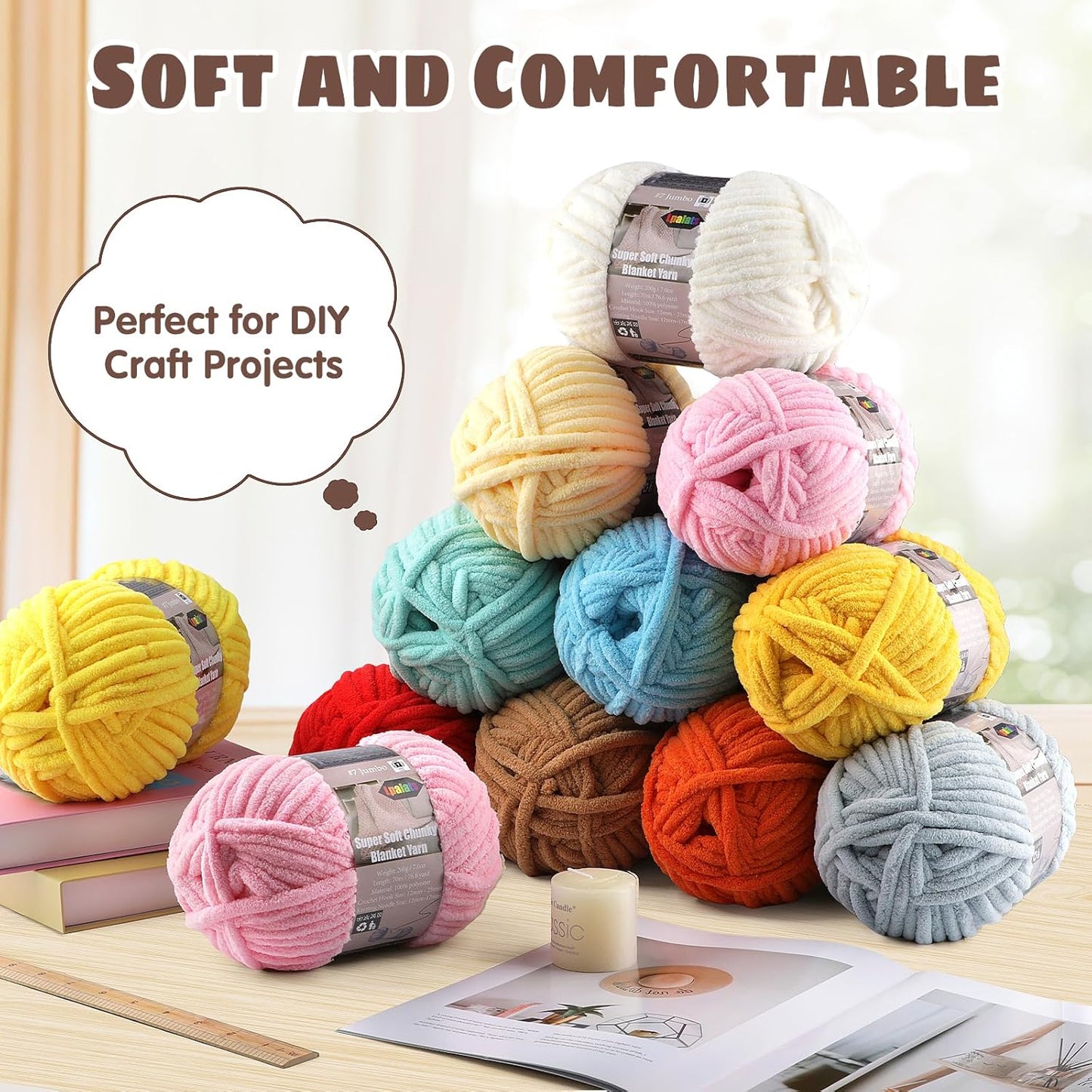 Velvet Chenille Yarn for Crocheting Super Bulky - 1 Skein of 200g/7oz - Ultra Soft Baby Blanket Chunky Plush Yarn for Knitting Amigurumi Crochet Thick Blankets (76.6 yds)(1, Pure Yellow)