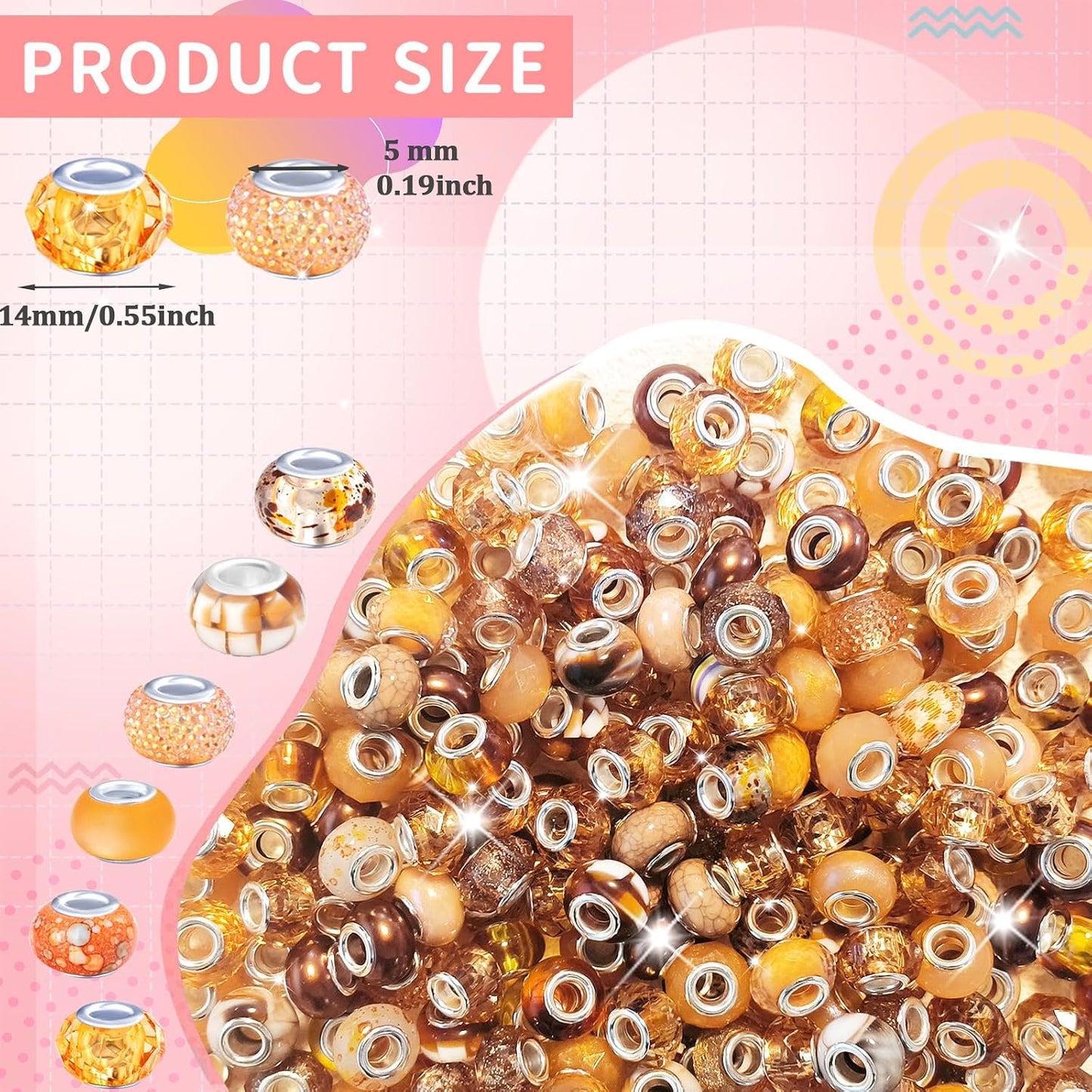 Large Hole Beads Spacer Beads Yellow Assorted European Craft Big Beads Large Hole Lampwork Murano Bead Fairy Wand Garden Beads for DIY Bracelet Necklace Earring Jewelry Making Decoration Supplies