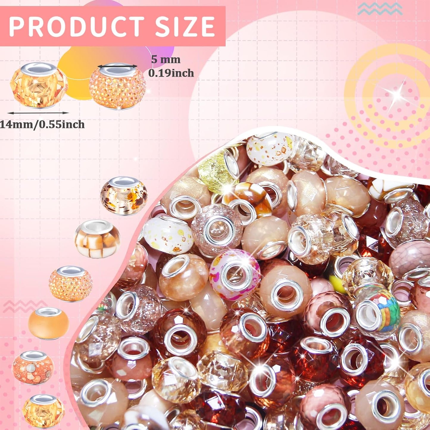 Large Hole Beads Spacer Beads Yellow Assorted European Craft Big Beads Large Hole Lampwork Murano Bead Fairy Wand Garden Beads for DIY Bracelet Necklace Earring Jewelry Making Decoration Supplies