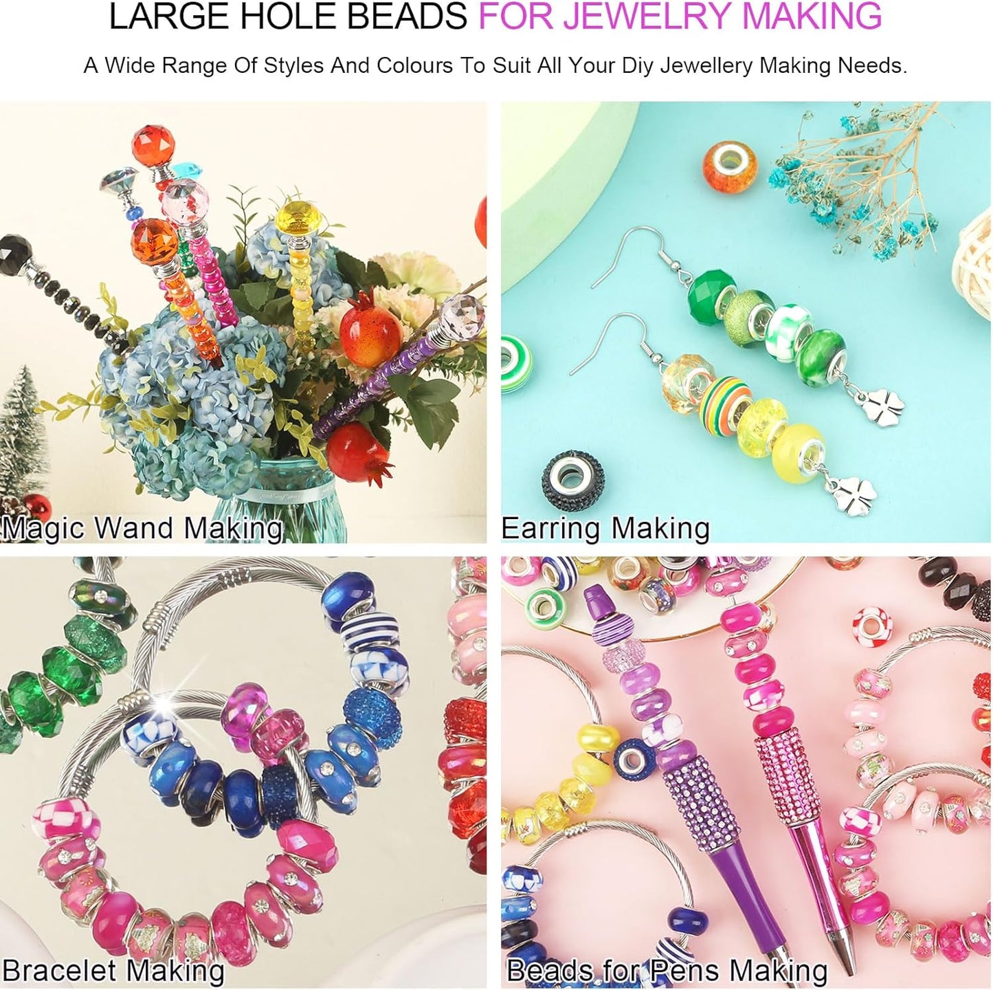 Large Hole Beads Spacer Beads Yellow Assorted European Craft Big Beads Large Hole Lampwork Murano Bead Fairy Wand Garden Beads for DIY Bracelet Necklace Earring Jewelry Making Decoration Supplies