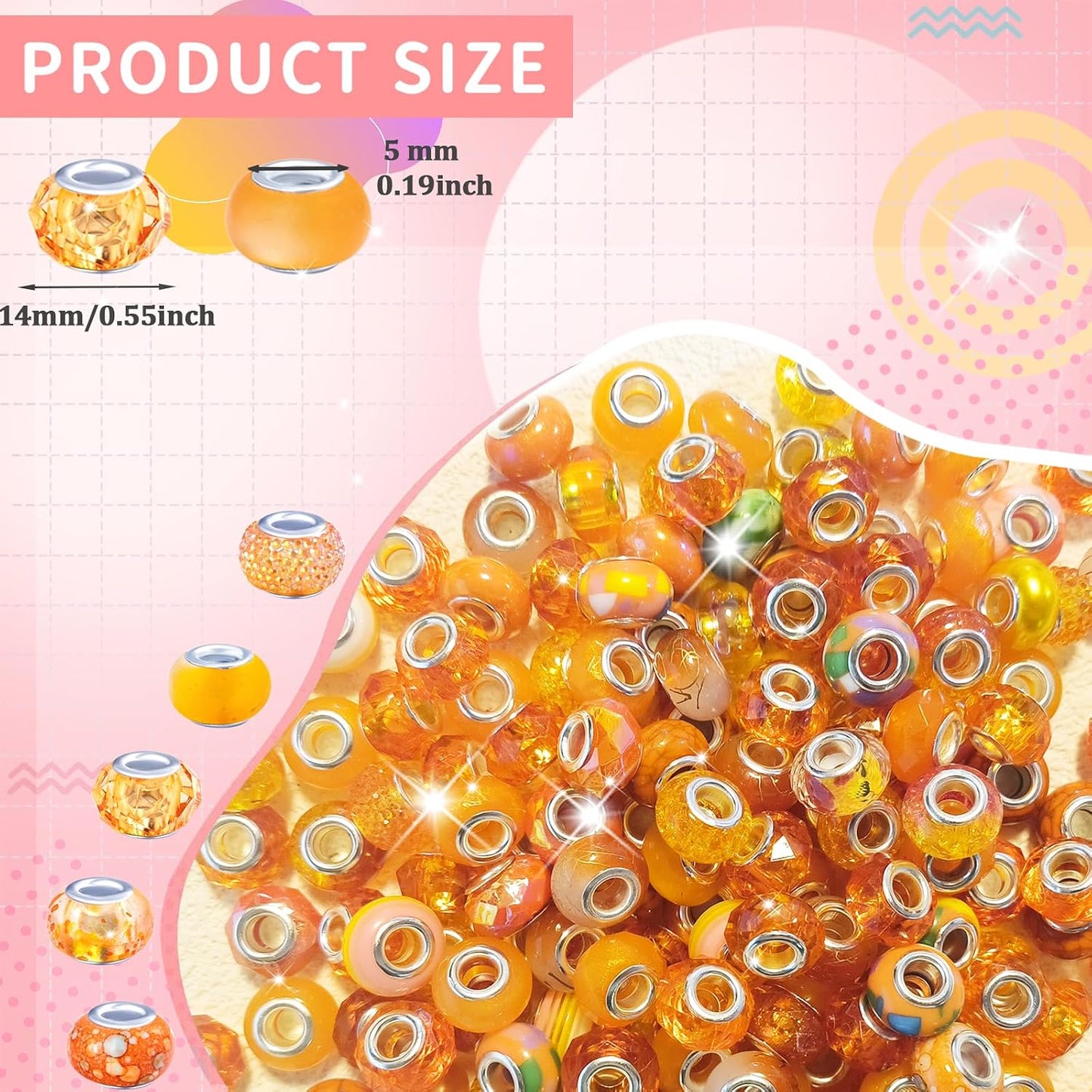 Large Hole Beads Spacer Beads Yellow Assorted European Craft Big Beads Large Hole Lampwork Murano Bead Fairy Wand Garden Beads for DIY Bracelet Necklace Earring Jewelry Making Decoration Supplies