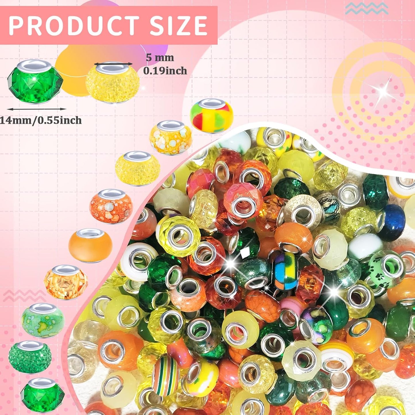 Large Hole Beads Spacer Beads Yellow Assorted European Craft Big Beads Large Hole Lampwork Murano Bead Fairy Wand Garden Beads for DIY Bracelet Necklace Earring Jewelry Making Decoration Supplies