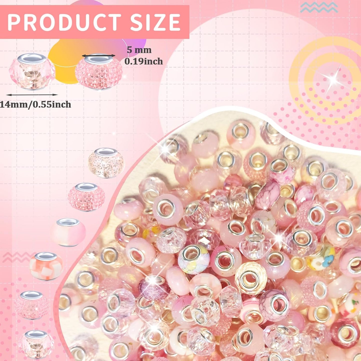 Large Hole Beads Spacer Beads Yellow Assorted European Craft Big Beads Large Hole Lampwork Murano Bead Fairy Wand Garden Beads for DIY Bracelet Necklace Earring Jewelry Making Decoration Supplies