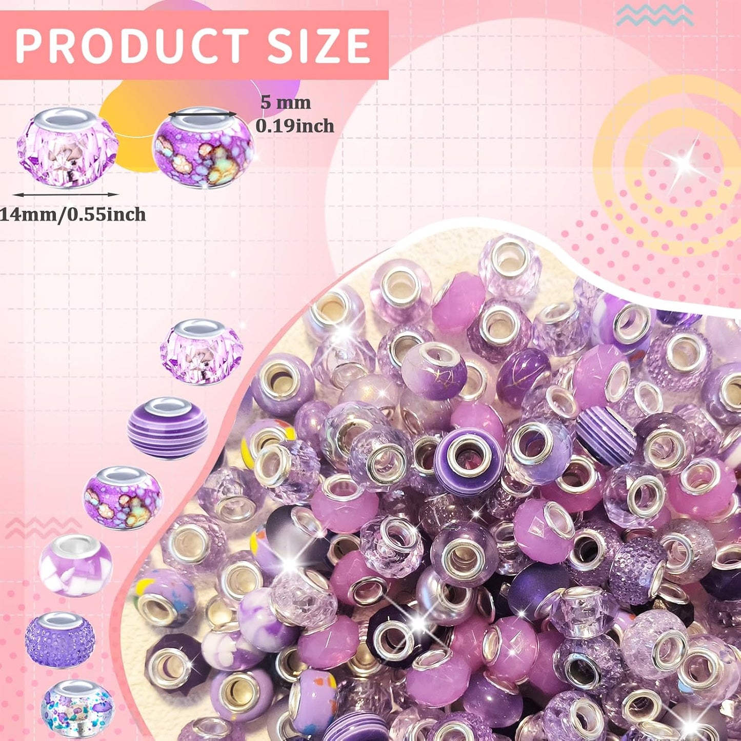 Large Hole Beads Spacer Beads Yellow Assorted European Craft Big Beads Large Hole Lampwork Murano Bead Fairy Wand Garden Beads for DIY Bracelet Necklace Earring Jewelry Making Decoration Supplies