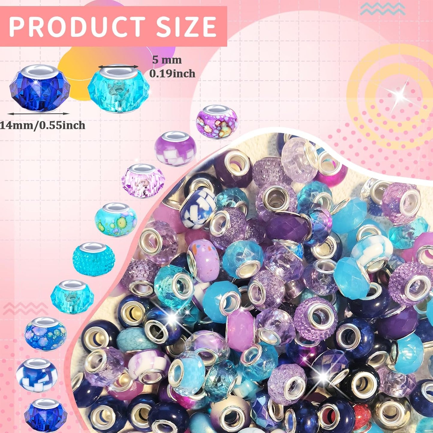 Large Hole Beads Spacer Beads Yellow Assorted European Craft Big Beads Large Hole Lampwork Murano Bead Fairy Wand Garden Beads for DIY Bracelet Necklace Earring Jewelry Making Decoration Supplies