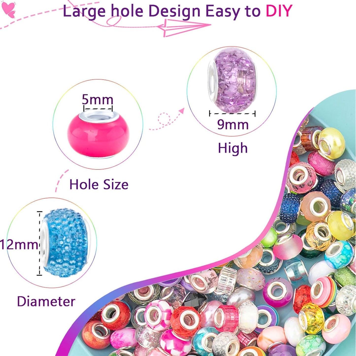 Large Hole Beads Spacer Beads Yellow Assorted European Craft Big Beads Large Hole Lampwork Murano Bead Fairy Wand Garden Beads for DIY Bracelet Necklace Earring Jewelry Making Decoration Supplies