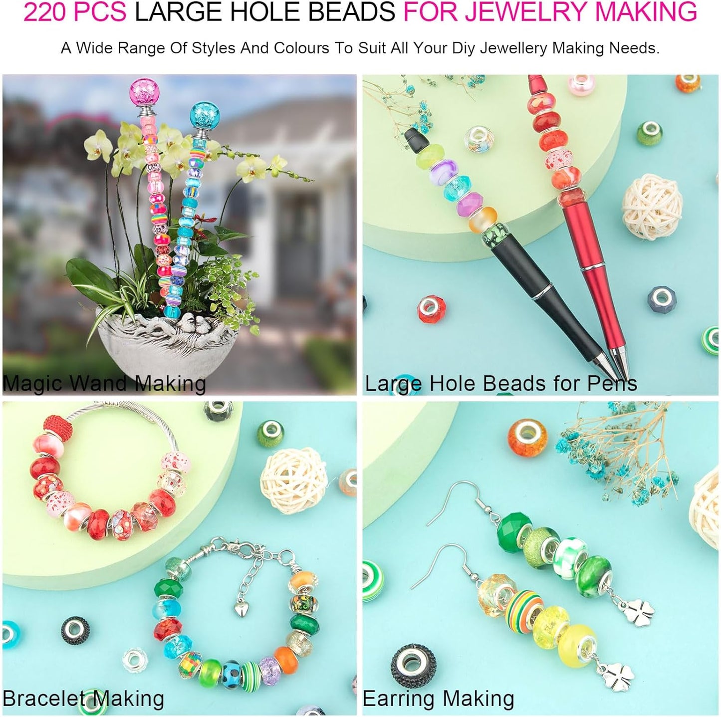 Large Hole Beads Spacer Beads Yellow Assorted European Craft Big Beads Large Hole Lampwork Murano Bead Fairy Wand Garden Beads for DIY Bracelet Necklace Earring Jewelry Making Decoration Supplies