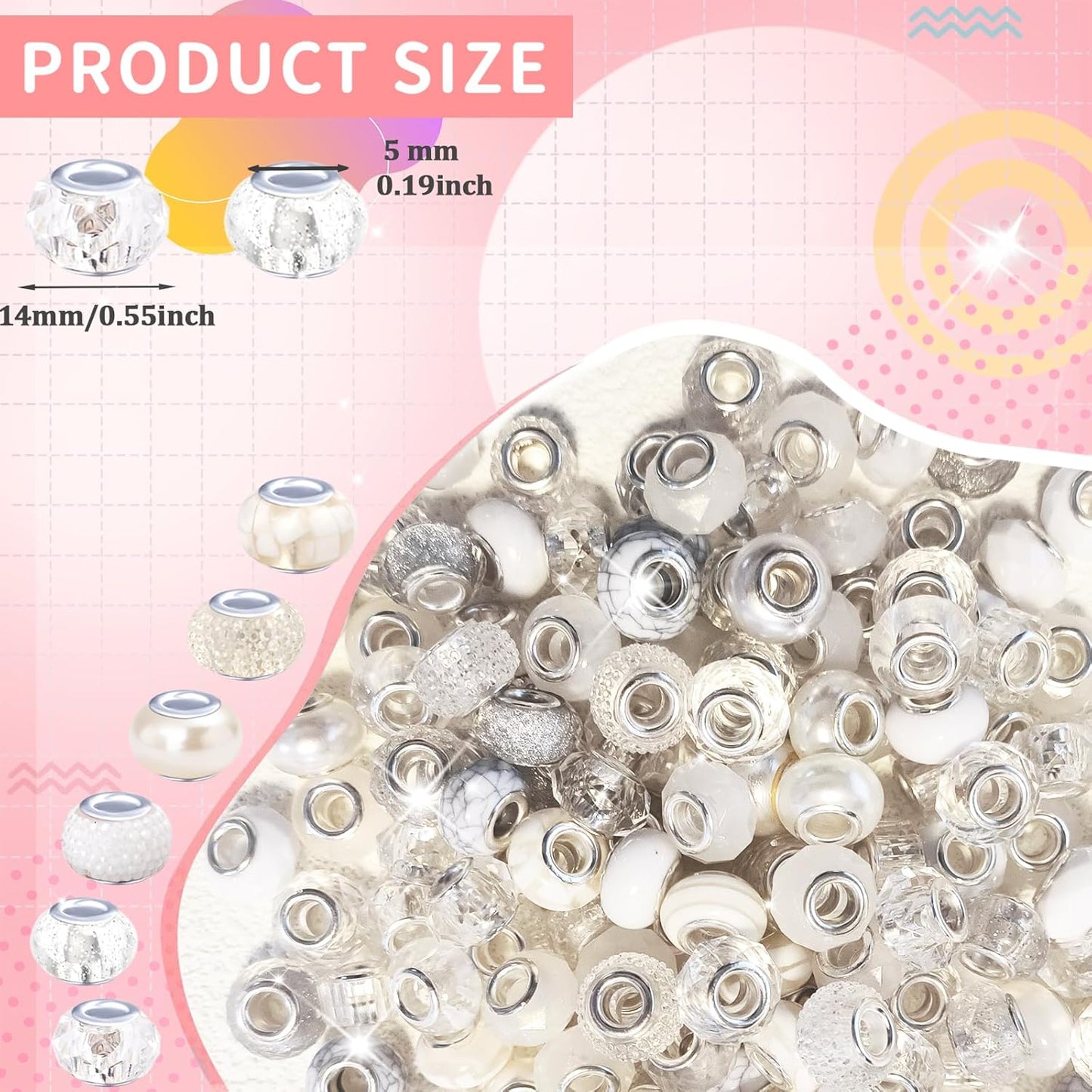 Large Hole Beads Spacer Beads Yellow Assorted European Craft Big Beads Large Hole Lampwork Murano Bead Fairy Wand Garden Beads for DIY Bracelet Necklace Earring Jewelry Making Decoration Supplies