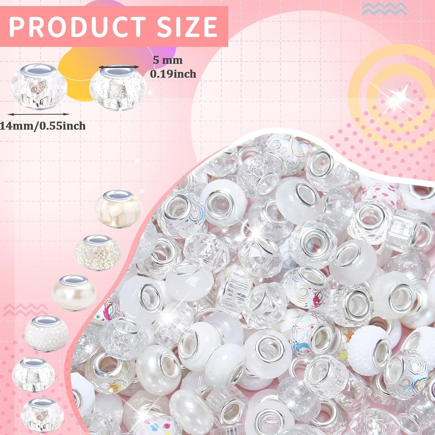 Large Hole Beads Spacer Beads Yellow Assorted European Craft Big Beads Large Hole Lampwork Murano Bead Fairy Wand Garden Beads for DIY Bracelet Necklace Earring Jewelry Making Decoration Supplies